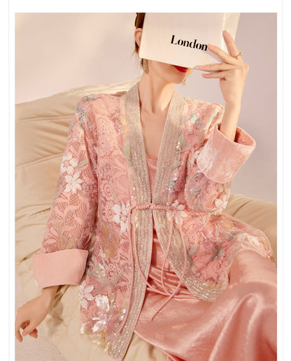 Spring New Chinese Style Velvet Sequin Embroidered Mesh Blouse