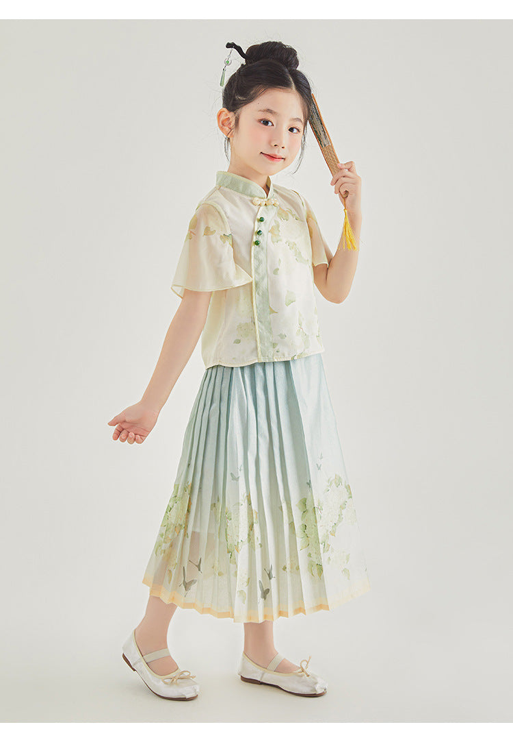 New Chinese Style Girls Outfit — Short Sleeve Shirt & Pleated Skirt