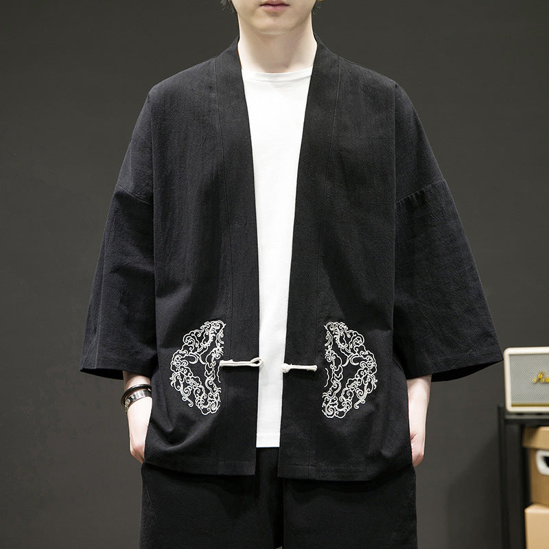 Mens Chinese Style Layman Hanfu Jacket Summer Zen Tea Robe Retro Top