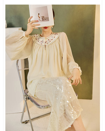 New Chinese Style Embroidered Mesh Shirt | Autumn Light Luxury Elegant Top