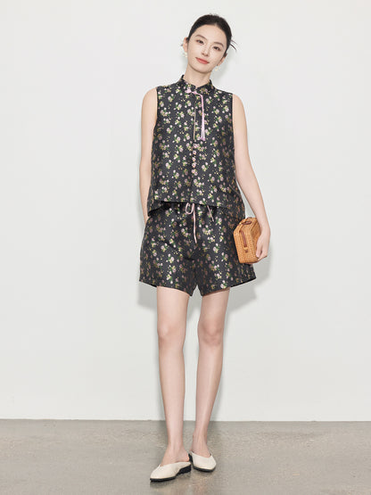 Light National Style Jacquard Sleeveless Vest & High Waist Shorts