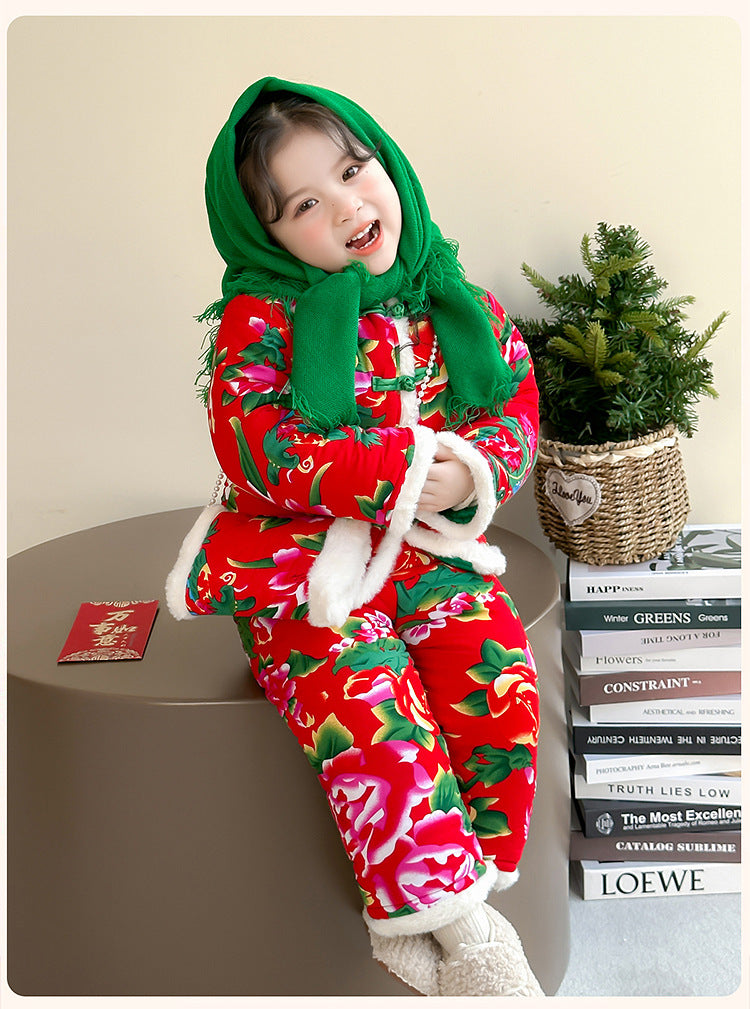Winter Girls Floral Jacket & Pants Thickened Two-Piece Set