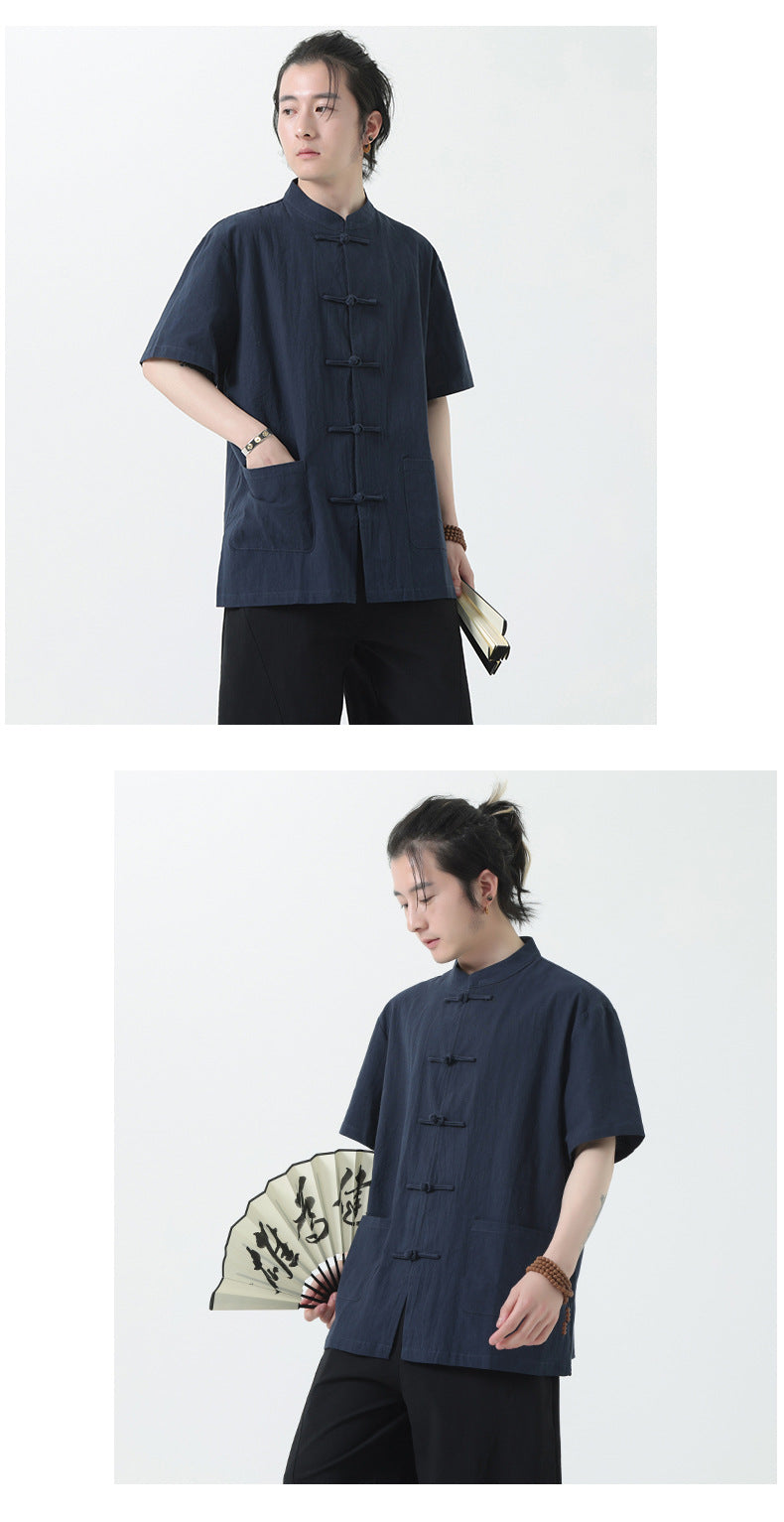Chinese Style Mens Cotton Linen Shirt Half Sleeve Button Up Casual Top