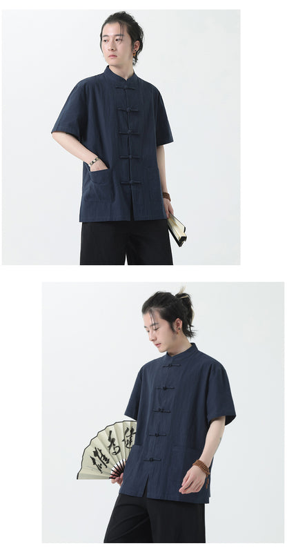 Chinese Style Mens Cotton Linen Shirt Half Sleeve Button Up Casual Top