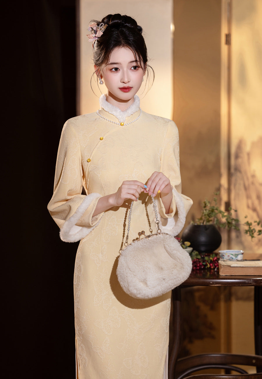 Elegant Yellow Winter Cheongsam – High-End Warm Daily Style