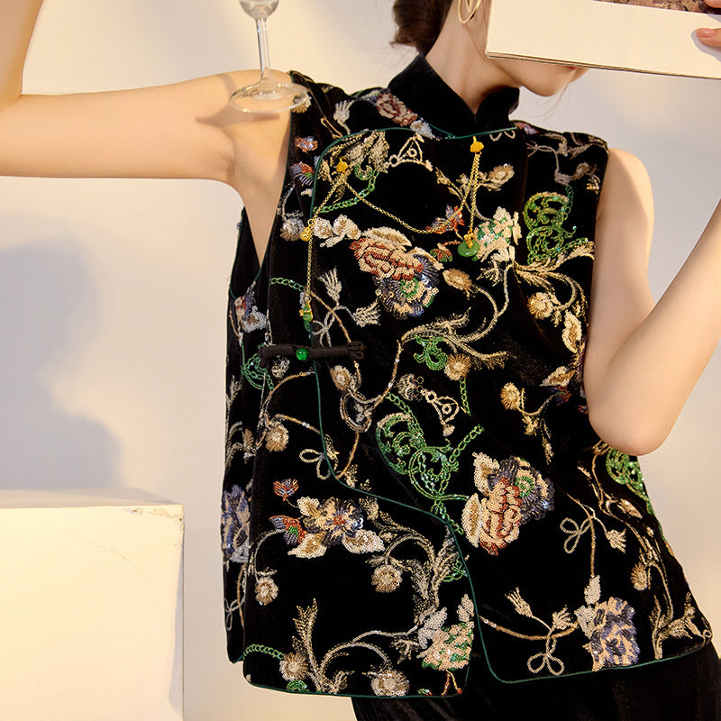 Elegant Velvet Floral Sequin Vest – High-End Women's Fashion