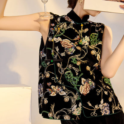 Elegant Velvet Floral Sequin Vest – High-End Women's Fashion