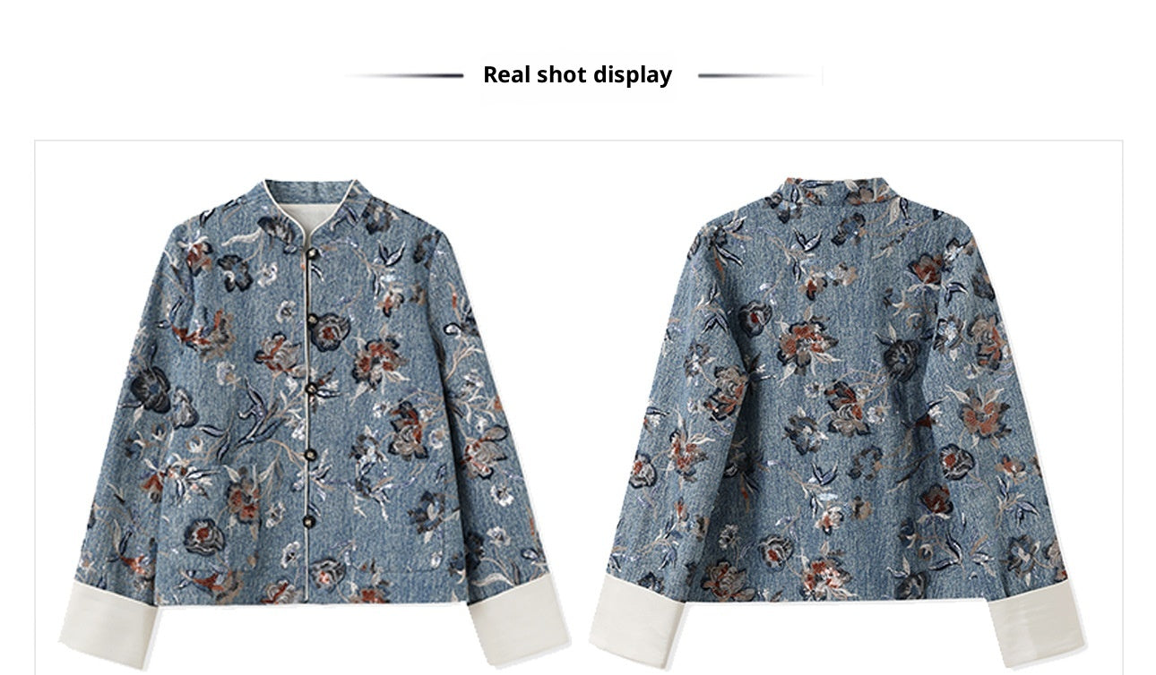 New Chinese Style Denim Jacket | Sequin Embroidery Elegant National Top
