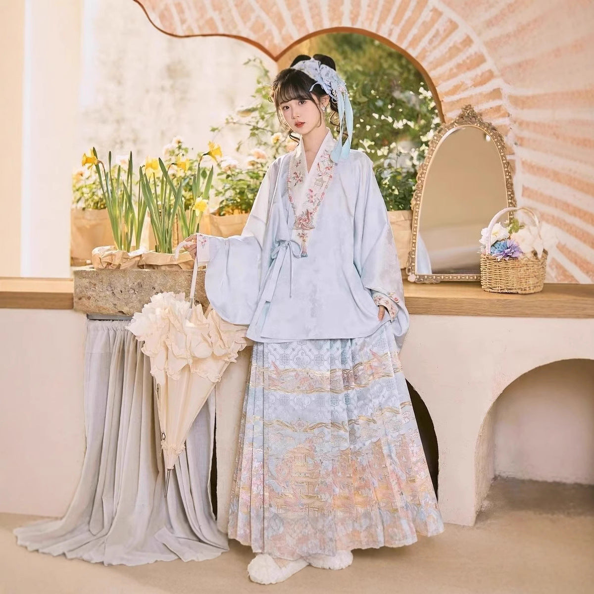 Han-Yang Mixed Hanfu Set 2025 New Ming Style Pipa Sleeve Brocade Horse Face Skirt