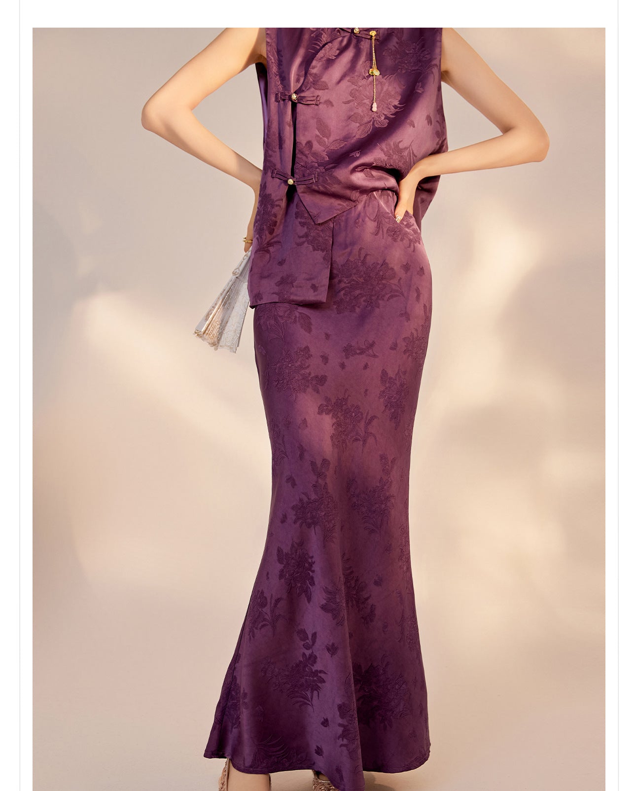 2026New Chinese Style Super Beautiful Purple Printed Rayon Vest and Skirt Early Autumn Set for Women