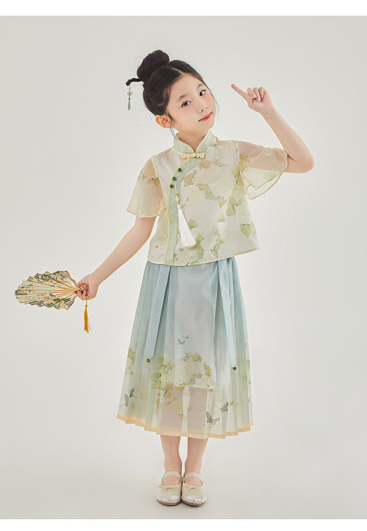 New Chinese Style Girls Outfit — Short Sleeve Shirt & Pleated Skirt