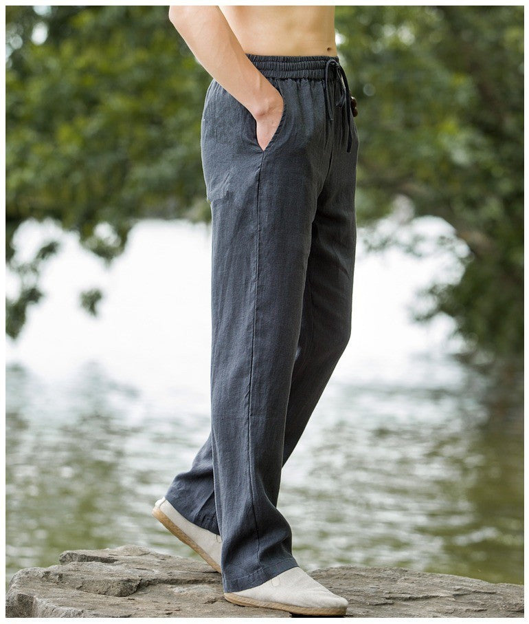 Mens Summer Thin Breathable Linen Pants Cotton Linen Wide Leg Casual