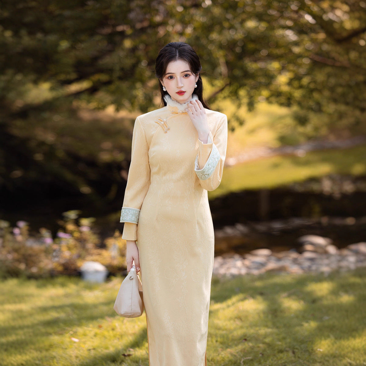Yellow Fleece-Lined Long Sleeve Qipao | Winter New Chinese Style 2025