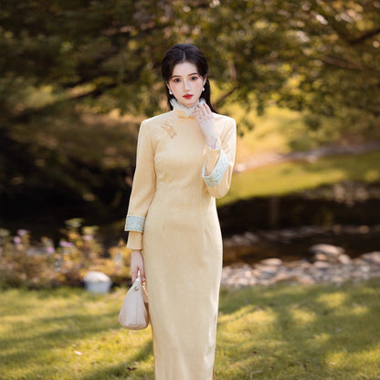 Yellow Fleece-Lined Long Sleeve Qipao | Winter New Chinese Style 2025