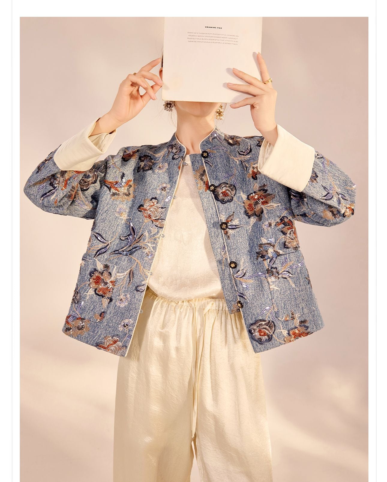 New Chinese Style Denim Jacket | Sequin Embroidery Elegant National Top