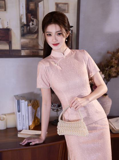 Retro Lace Qipao – Pink Elegant New Chinese Style Dress