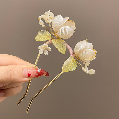 U Hairpin Glass White Magnolia Chinese Style Forest Fairy Cheongsam Accessory