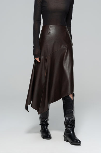 Autumn High-Waist Leather Slit Skirt for Women