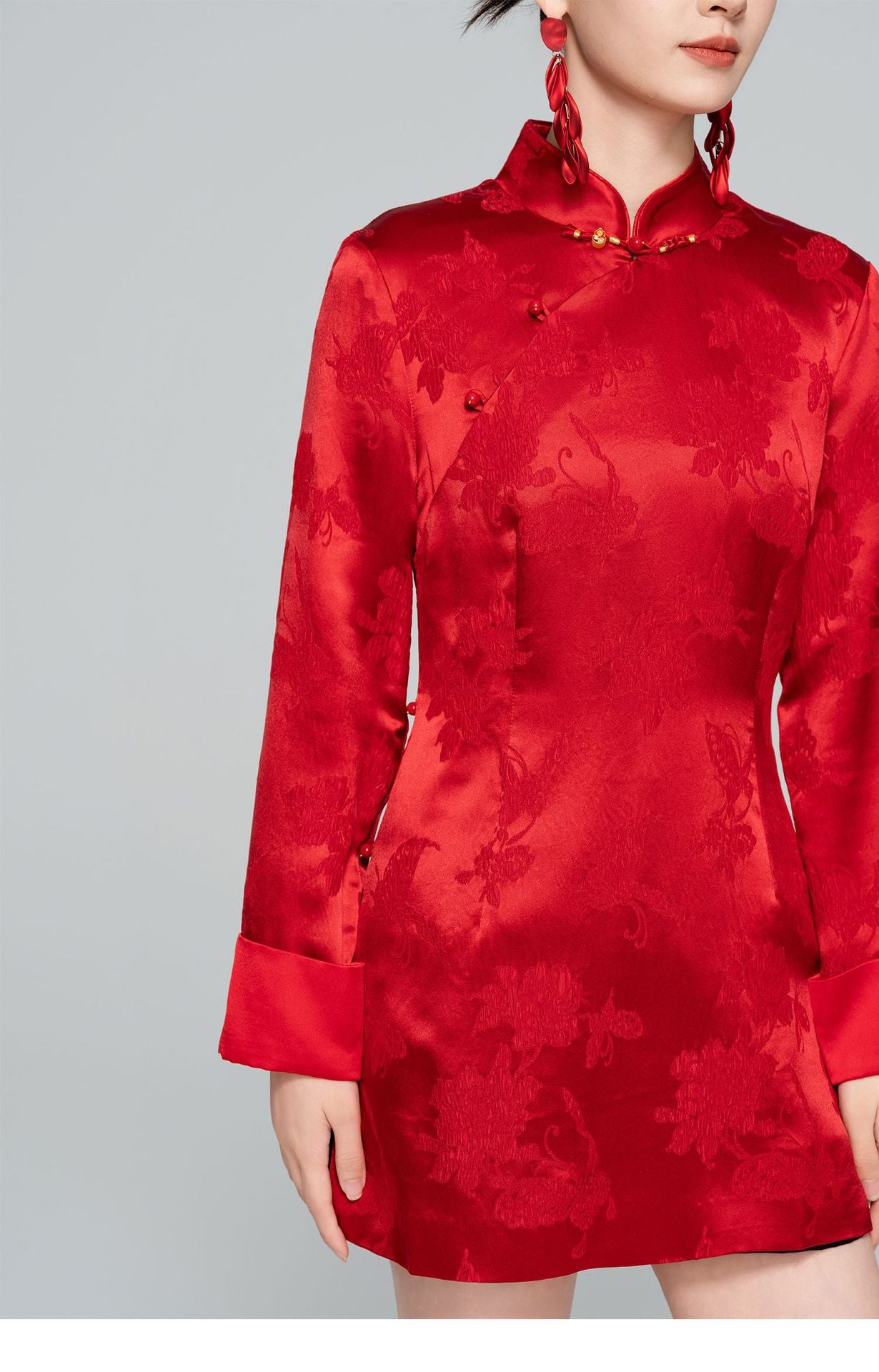 Improved Red Chinese Style Stand Collar Elegant Dress
