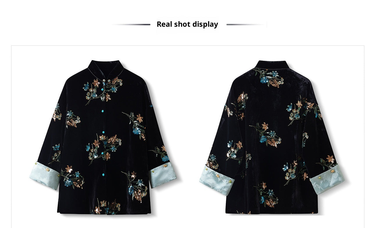 Elegant New Chinese Satin Floral Sequin Loose Black Top