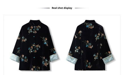 Elegant New Chinese Satin Floral Sequin Loose Black Top