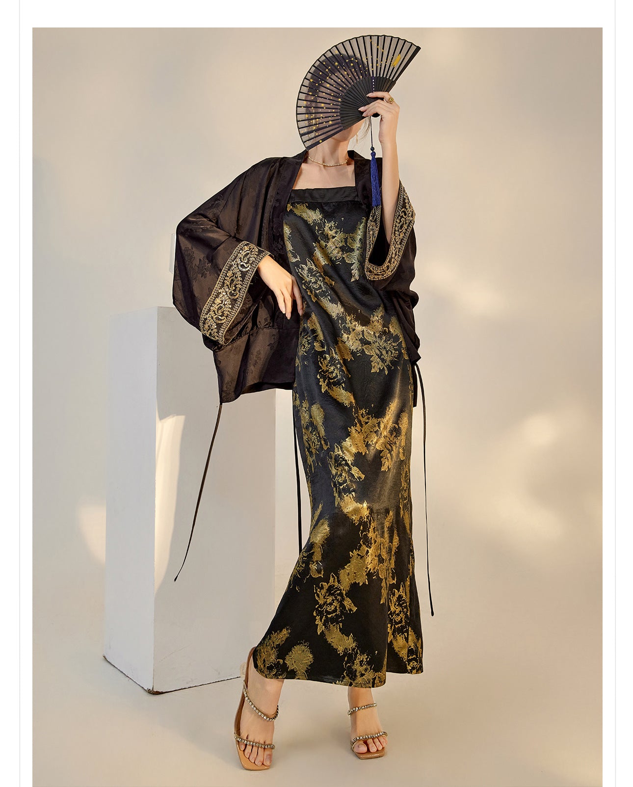 Summer New Chinese Printed Rayon Shirt & Strap Dress Set