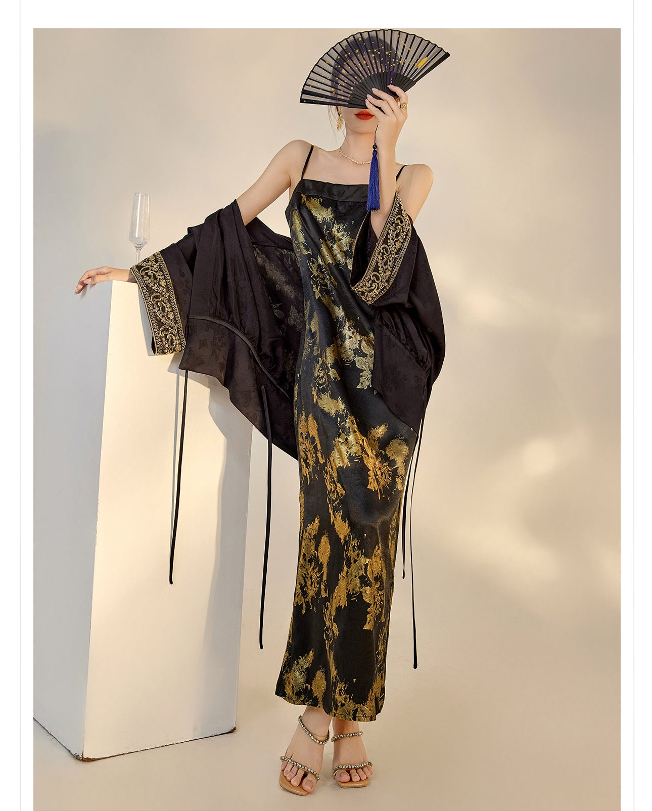 Summer New Chinese Printed Rayon Shirt & Strap Dress Set