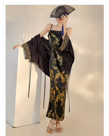 Summer New Chinese Printed Rayon Shirt & Strap Dress Set