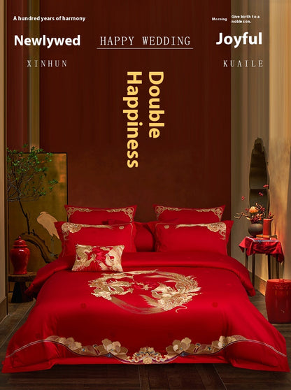 Luxury Cotton Wedding Bedding Set 4-Piece Embroidered Quilt Cover