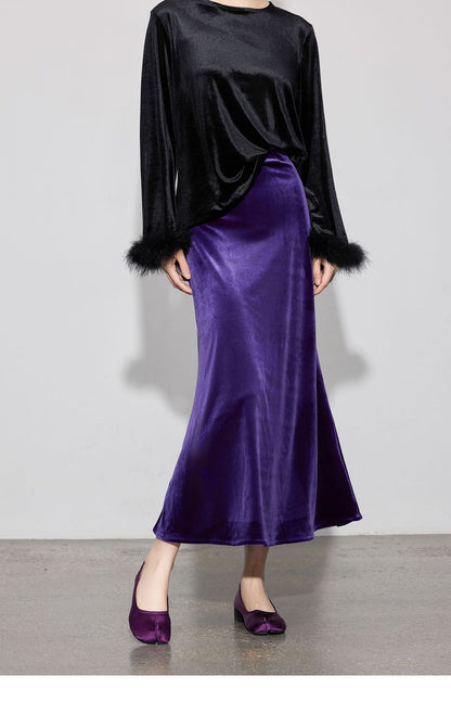 Chic Vintage High-Waist Velvet Long Skirt