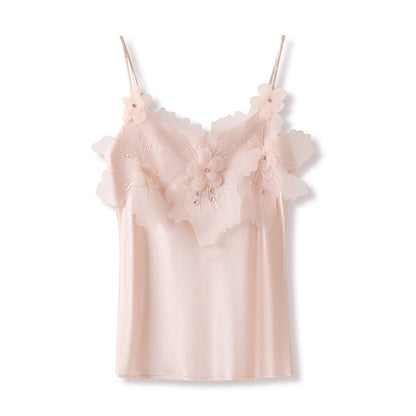 New Chinese Style Beaded Floral Acetate Top | Elegant Short Camisole