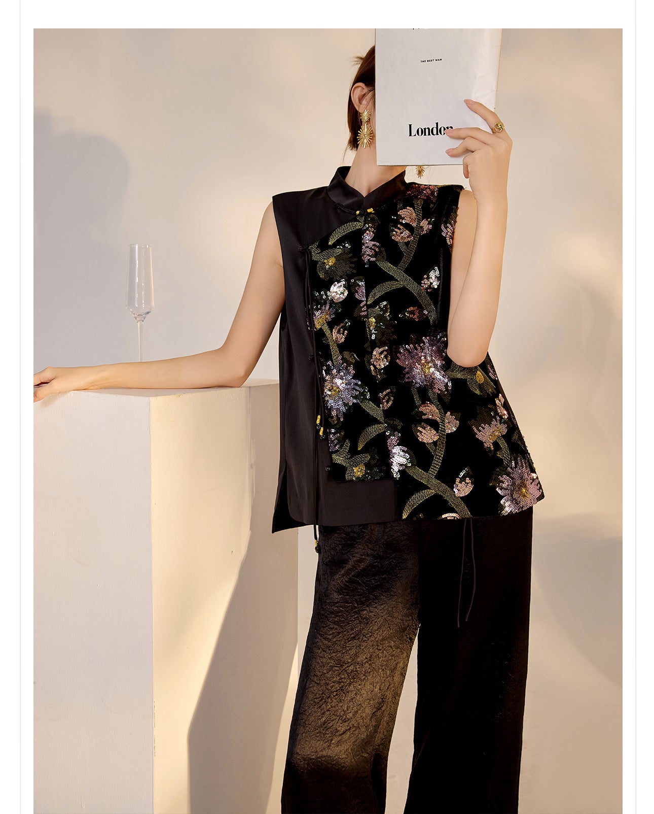 Summer Sequin Asymmetrical Vest Top High-End National Style