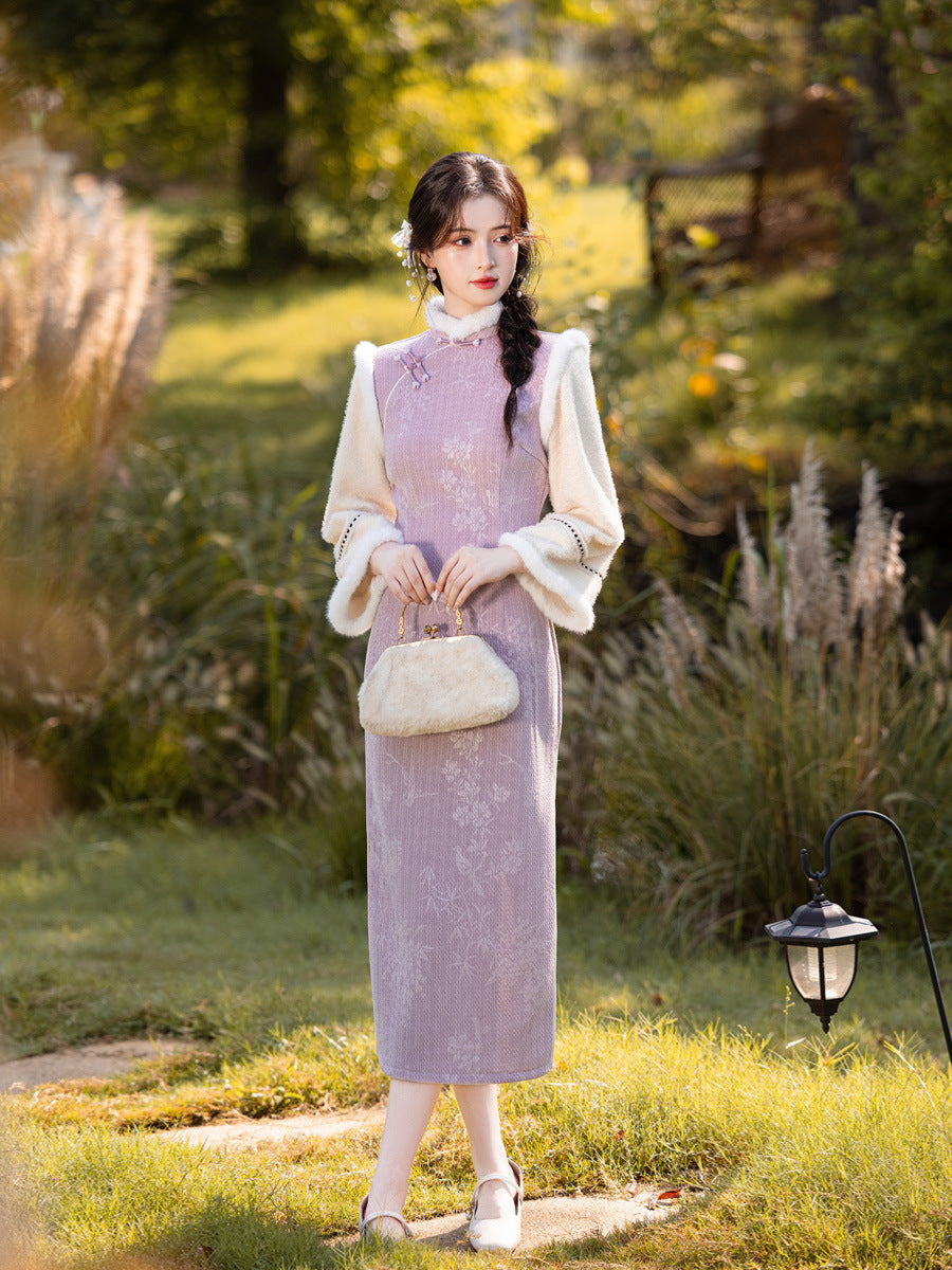 Thick Flared Sleeve Long Cheongsam | Youth New Chinese Style Winter Dress