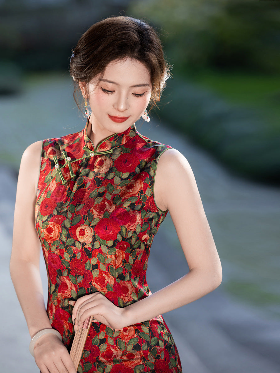 Floral Shadow Rose Cheongsam – 2025 Sleeveless Youth Dress