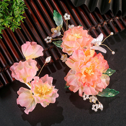 Fairy Pink Silk Flower Hairpin Ancient Style Hanfu Cheongsam Side Clip