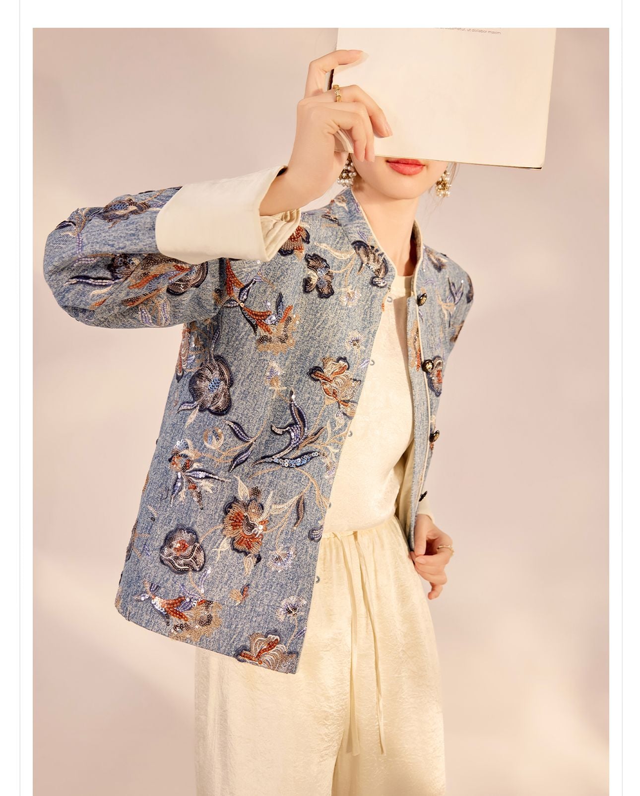 New Chinese Style Denim Jacket | Sequin Embroidery Elegant National Top