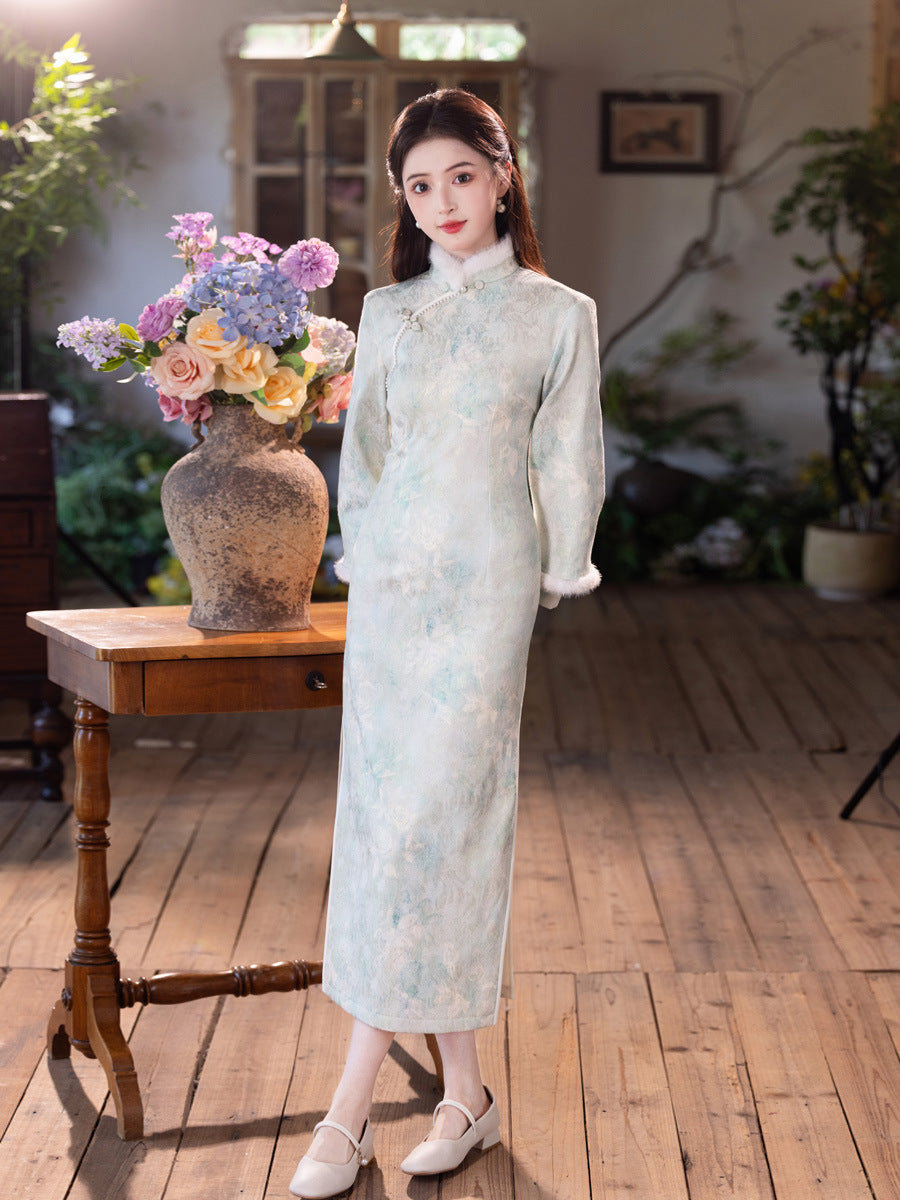 Elegant Satin Beaded Winter Qipao | Fleece-Lined Thickened Long Dress