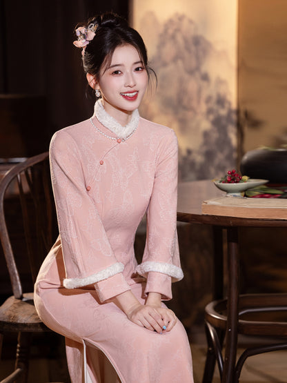 Elegant Thickened Winter Cheongsam – Retro Chinese Style Dress