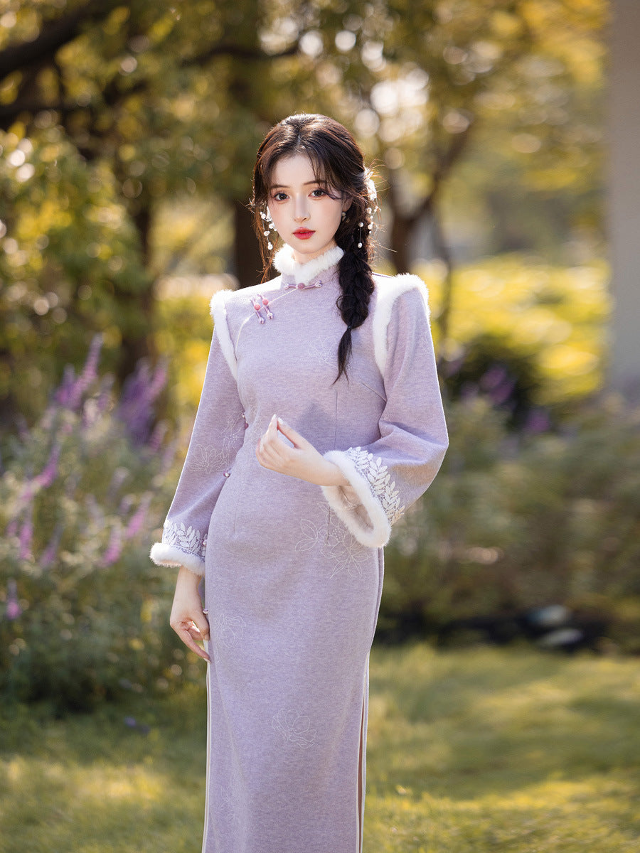 Embroidered National Style Qipao | Inverted Sleeve Winter Thickened Dress