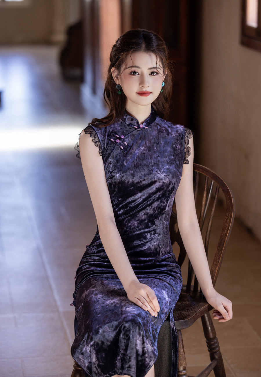 Purple Sleeveless Cheongsam – Old Shanghai Retro 2025 Autumn Dress