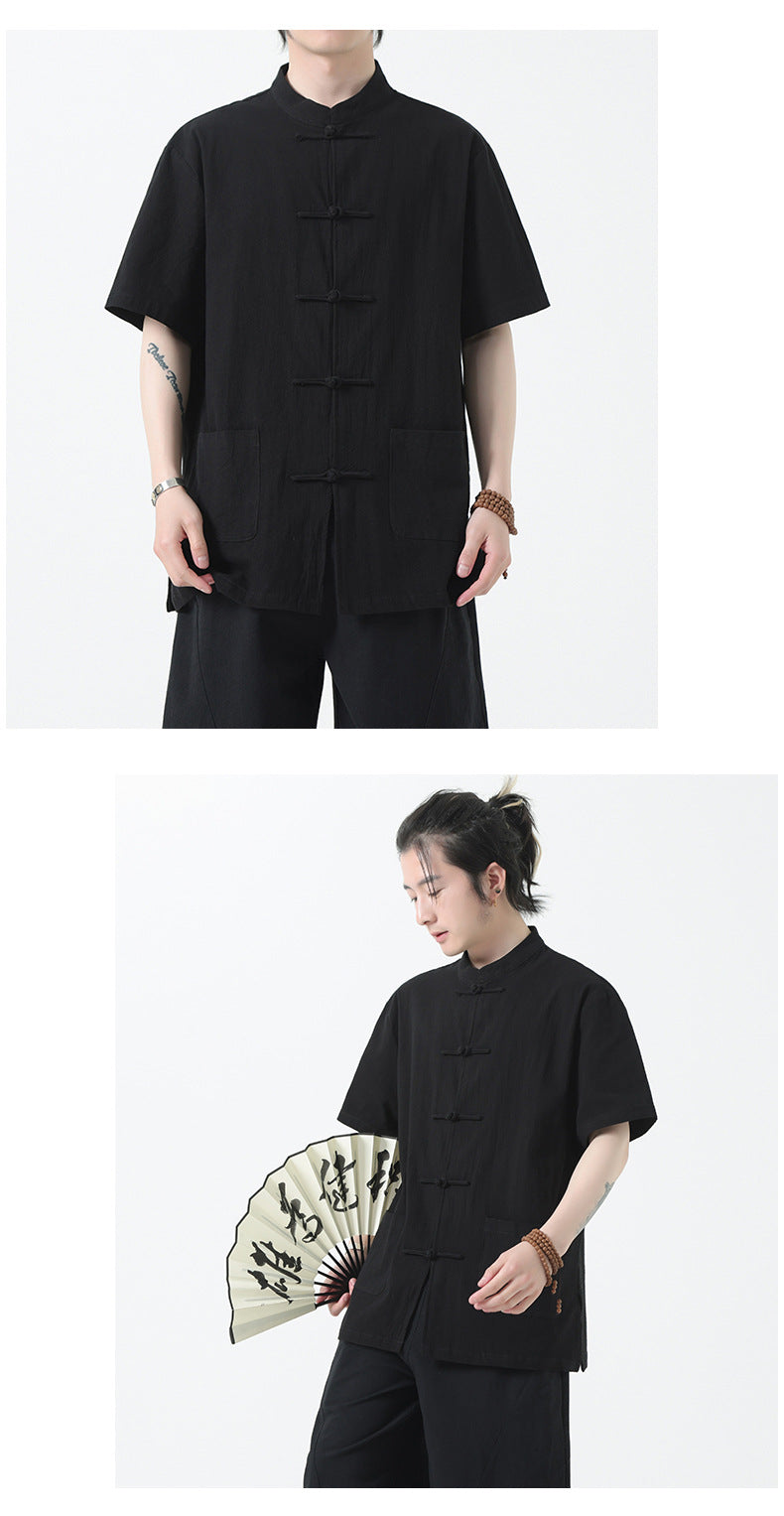 Chinese Style Mens Cotton Linen Shirt Half Sleeve Button Up Casual Top
