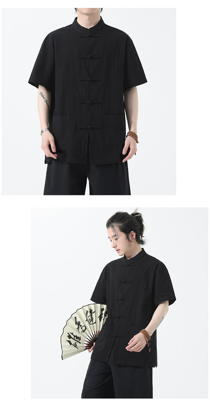 Chinese Style Mens Cotton Linen Shirt Half Sleeve Button Up Casual Top