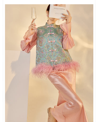 Ostrich Feather Detachable Vest – Elegant New Chinese Style Top
