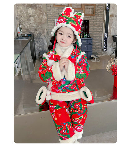 Northeast Floral Girls Padded Jacket Winter Rabbit Ear Four-Piece
