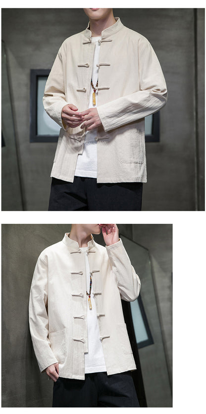 Mens Autumn Chinese Style Hanfu Tang Suit Button Up Cotton Linen Top