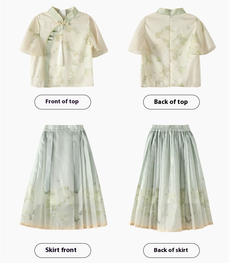 New Chinese Style Girls Outfit — Short Sleeve Shirt & Pleated Skirt