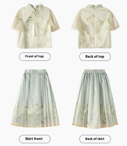New Chinese Style Girls Outfit — Short Sleeve Shirt & Pleated Skirt
