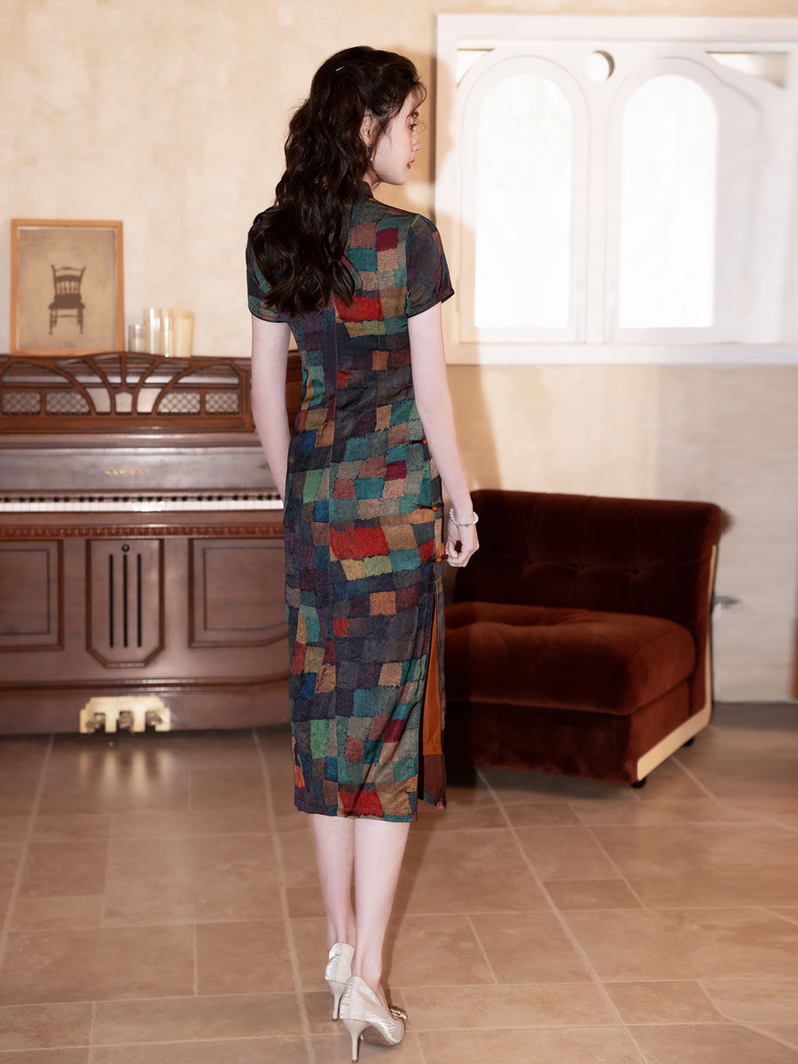 High-End Summer Cheongsam – Plaid Short Sleeve Elegant Dress