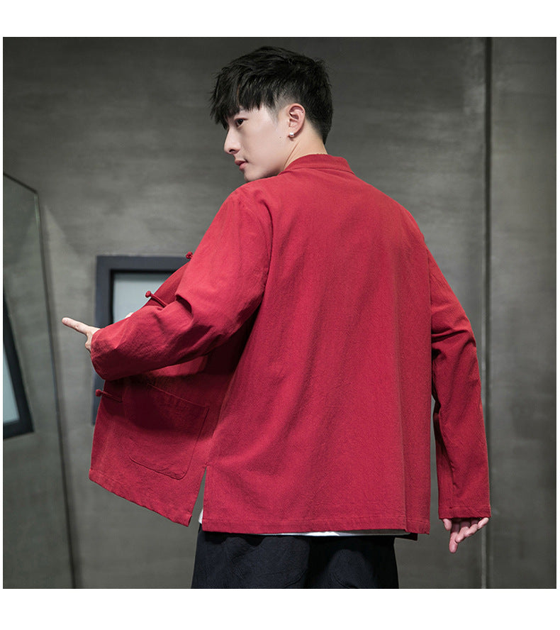Mens Autumn Chinese Style Hanfu Tang Suit Button Up Cotton Linen Top