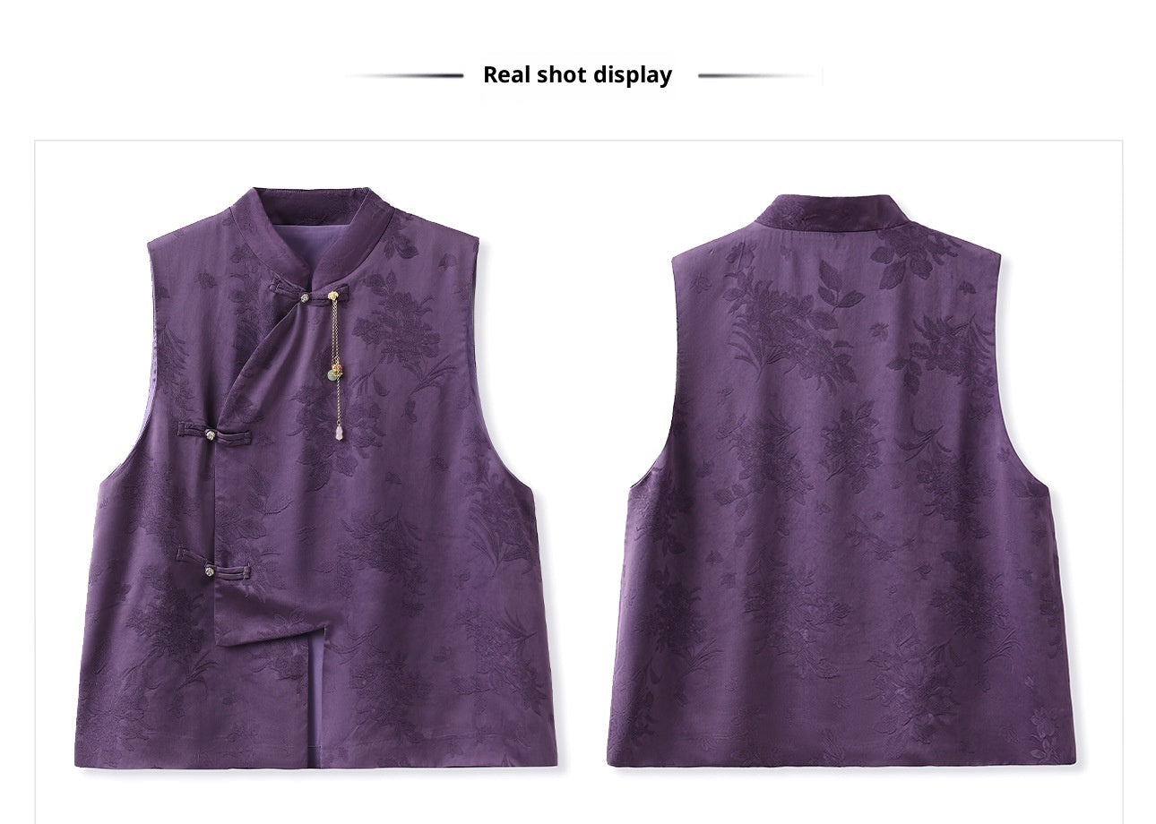 2026New Chinese Style Super Beautiful Purple Printed Rayon Vest and Skirt Early Autumn Set for Women